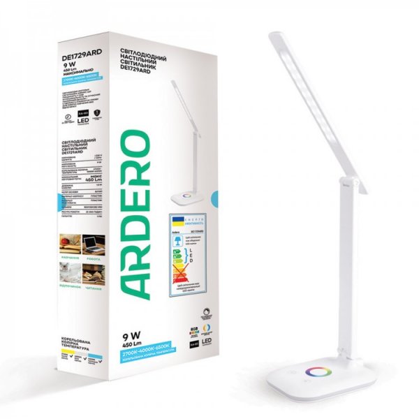 настольная лампа Feron DE1729ARD білий 9W 2700K-4000K-6500K 450LM , димер, RGB IP20