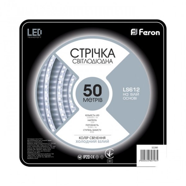 світлодіодна стрічка Feron LS612/ SANAN LED-RL 120SMD/m 9.6W/m 12V 10 білий IP20, min 50m