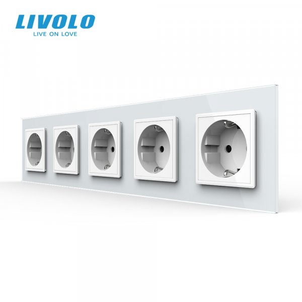 Розетка п'ятимісна з заземленням Livolo білий скло (VL-C7C5EU-11)