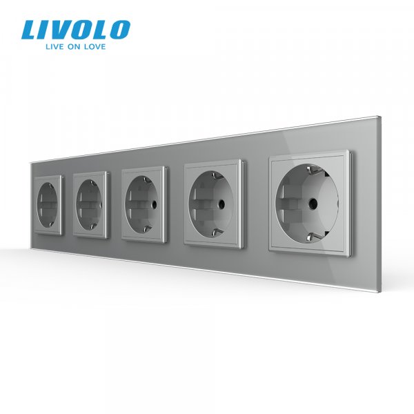 Розетка п'ятимісна з заземленням Livolo сірий скло (VL-C7C5EU-15)