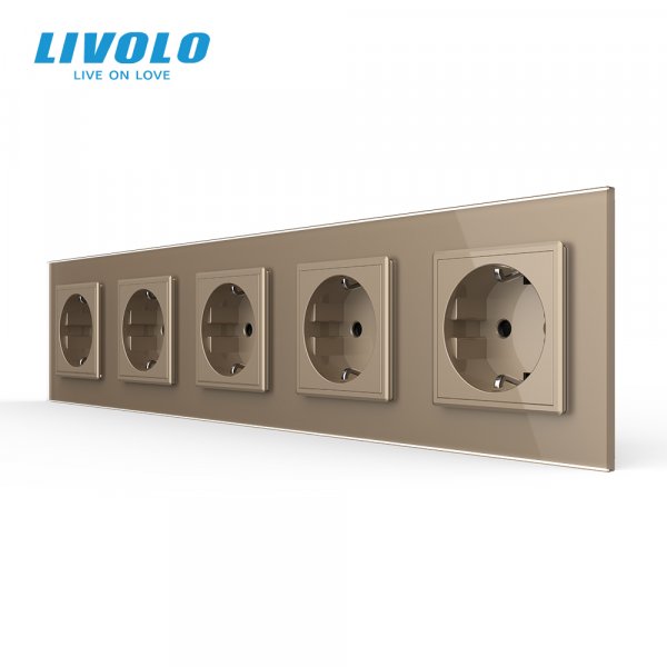 Розетка п'ятимісна з заземленням Livolo золото скло (VL-C7C5EU-13)