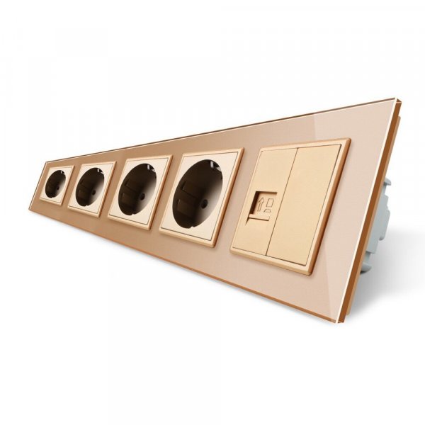 Розетка пятиместная комбинирована Силовая Интернет Livolo золото стекло (VL-C7C4EUK01C-13)