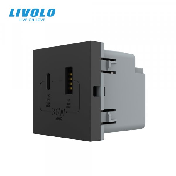 Механізм розетка USB-A та USB-C з Power Delivery 36W Livolo чорний (VL-FCUA18W.UC18W-2BP)