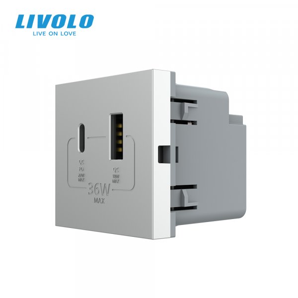 Механізм розетка USB-A та USB-C з Power Delivery 36W Livolo сірий (VL-FCUA18W.UC18W-2IP)