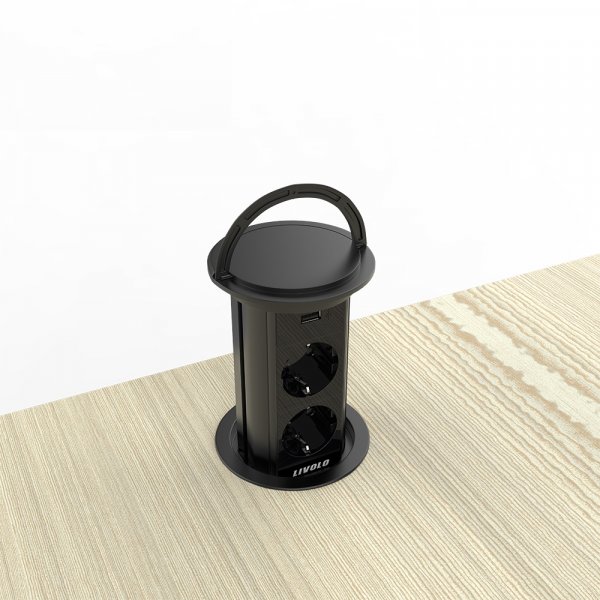 Выдвижная двойная розетка с USB и беспроволочной зарядкой Livolo черный (VL-SHS020-FCTC-B)