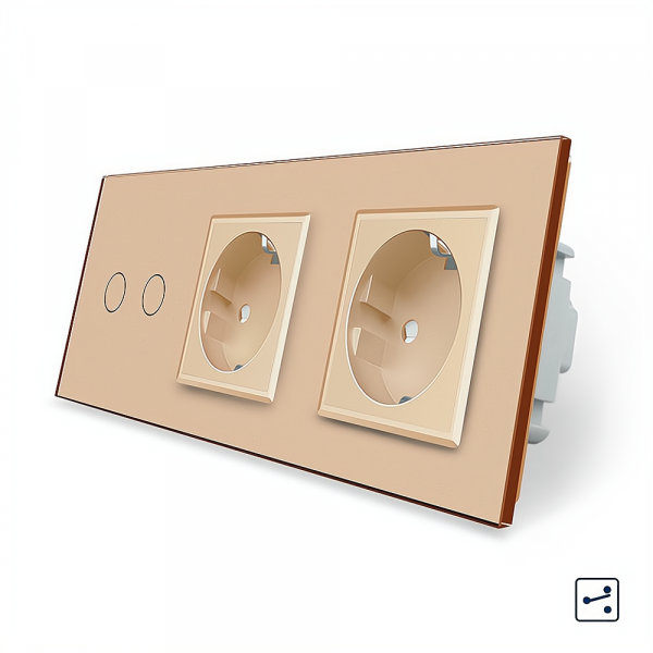 Сенсорный проходной/перекрестный выключатель 2 сенсора 2 розетки Livolo золото стекло (VL-C702S/C7C2EU-13)