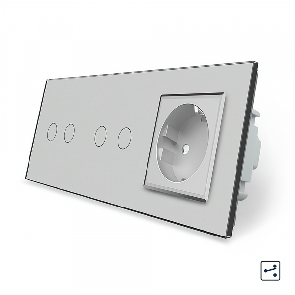 Сенсорний прохідний/перехресний вимикач 4 сенсора (2-2) 1 розетка Livolo сірий скло (VL-C702S/C702S/C7C1EU-15)