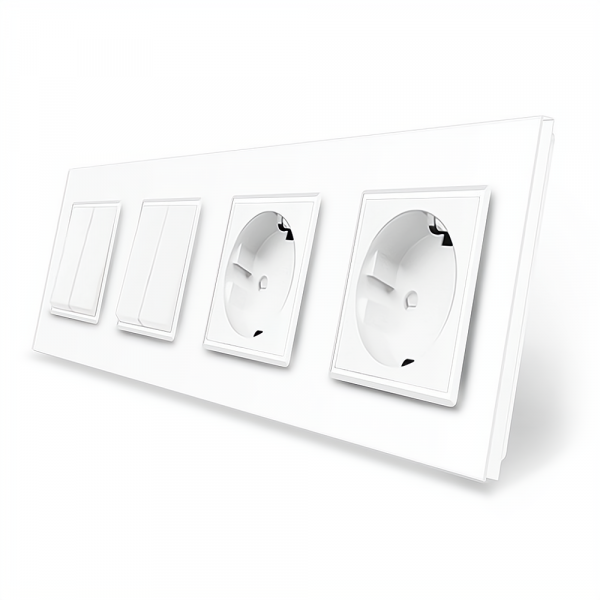 Чотирьохклавішний вимикач (2-2) з подвійною розеткою Livolo білий скло (VL-C7K2/K2/FCTC16A/FCTC16A-8WP)