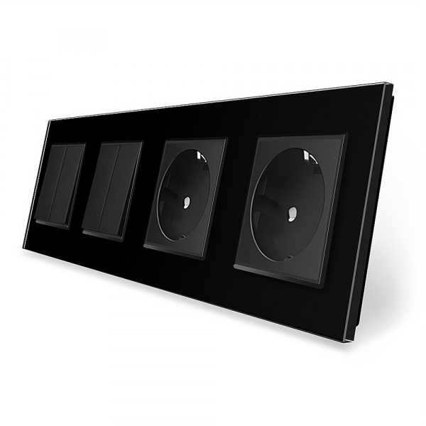 Чотирьохклавішний вимикач (2-2) з подвійною розеткою Livolo чорний скло (VL-C7K2/K2/FCTC16A/FCTC16A-8BP)
