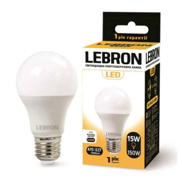 LED лампа LEBRON L-A70, 15W, E27, 4100K, 1350Lm, вітрина