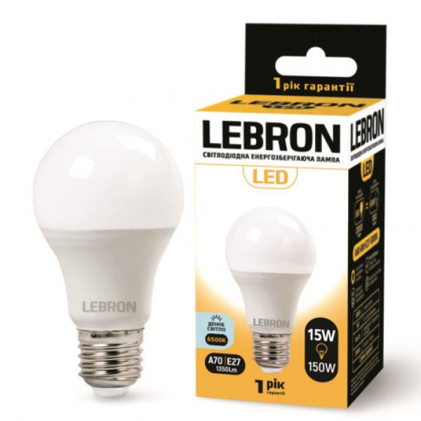 LED лампа LEBRON L-A70, 15W, E27, 6500K, 1350Lm, вітрина
