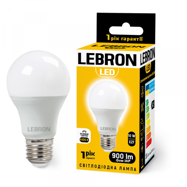 
LED лампа LEBRON L-A60, 10W, Е27, 4100K, 900Lm, вітрина