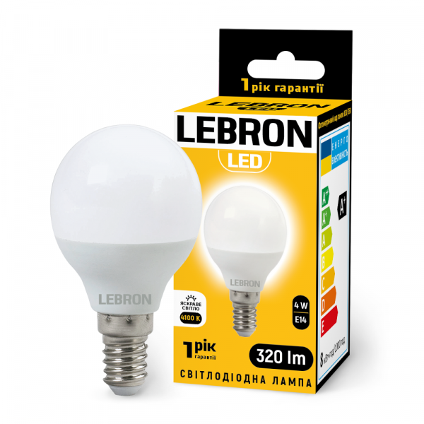 LED лампа LEBRON L-G45, 4W, 220V, Е14, 4100K, 320Lm, вітрина