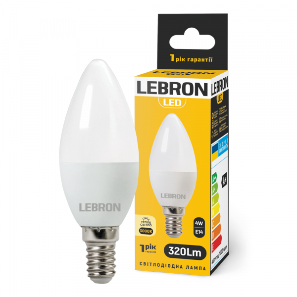 LED лампа LEBRON L-С37, 4W, 220V, Е14, 3000K, 320Lm, вітрина