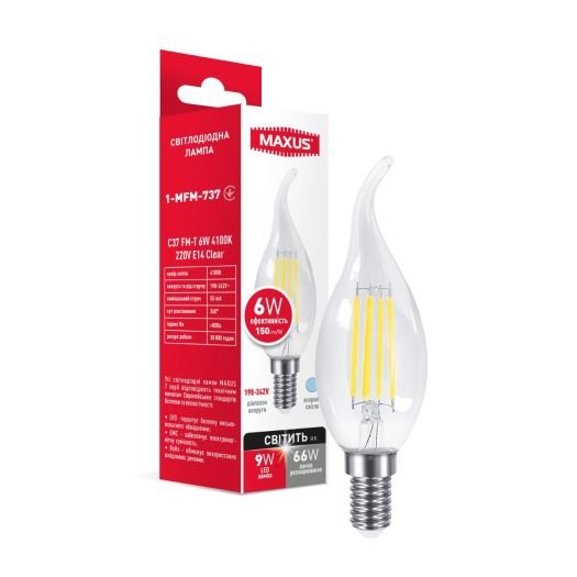 Лампа світлодіодна Maxus C37 FM-T 6W 4100K 220V E14 Clear
