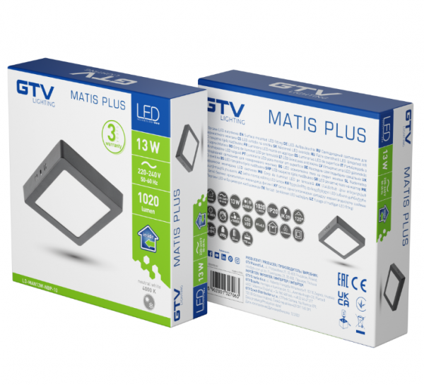 Світильник LED GTV MATIS PLUS, 13W, 1120°, 4000K, IP20, накладний, чорний (LD-MAN13W-NBP-10)