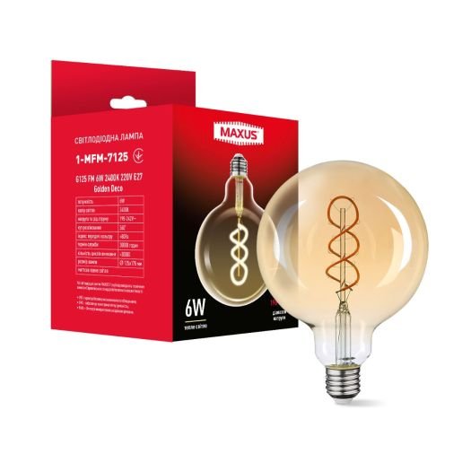 Лампа светодиодная филаментная Maxus G125 FM 6W 2400K 220V E27 Golden Deco