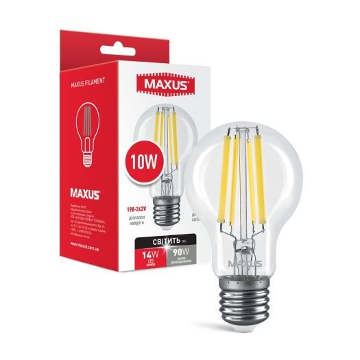 Лампа светодиодная филаментная Maxus A60 FM 10W 4100K 220V E27 Clear