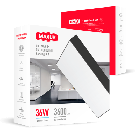 Накладной настенно-потолочный светодиодный светильник 1-MSP-3641-SSB MAXUS SP Ceiling 36W 4100K Square Slim Black