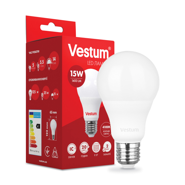 Светодиодная лампа Vestum A65 15W 4100K 220V E27 1-VS-1101 