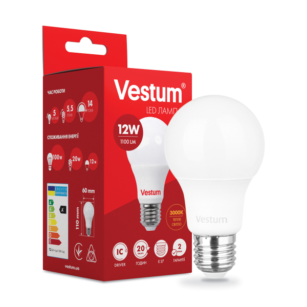Светодиодная лампа Vestum A60 12W 3000K 220V E27 1-VS-1104 